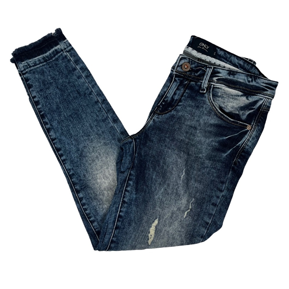 44) ONLY Blue Denim Washed Raw Hem Distressed Skinny Jeans Size 28